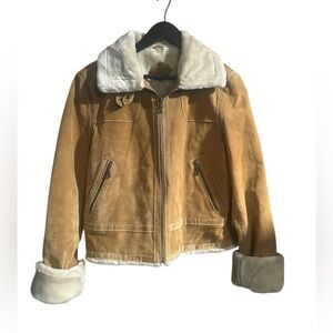 Wilsons Leather Tan Suede Bomber with Cream Shearling Trim